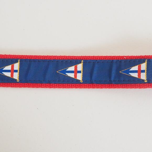 NAUTICAL FLAG Red & Blue Canvas Belt Sz 36 UNBRANDED w Leather & Brass Buckle - Picture 4 of 10